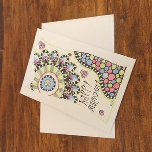 🌻5/$20 Handmade Happy Anniversary Floral Zentangle Card Green And Blue